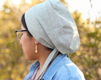 Olive Linen/Cotton Blend Snood Headcovering // Women's Pre-tied Full Coverage Headwrap with Ties