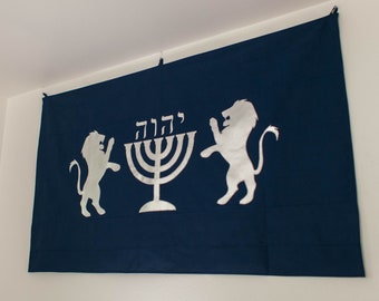 Lion of Judah Messianic YHWH Israel Flag Banner - Navy Blue with Silver Lions, Sacred Name, and Menorah // Shabbat, Torah Observant