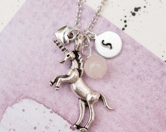 Personalised Unicorn Charm Necklace, Unicorn Gift,  Unicorn Stocking Filler, Unicorn and Rose Quartz Jewellery