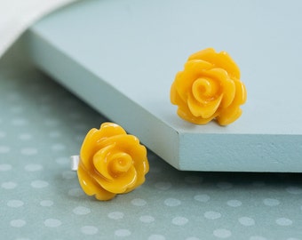 Mustard Yellow Rose Stud Earrings, Yellow Flower Earrings, Sterling Silver Flower Studs, Mustard Jewellery, Mustard Accessories