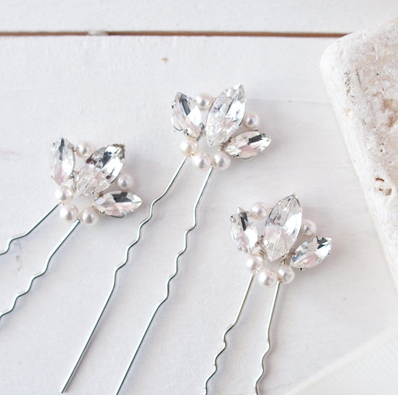 Pearl Fan Pins, Pearl and Crystal Hair Pins, Fan Hair Pins, Bridal Hair Pins, Rhinestone Hair Pins, Pearl and Diamante Hair Pins, Bridal Pin image 1