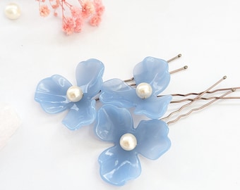 Elegant Blue Flower & Pearl Hair Pins for Brides | Wedding Hair Accessories | Something Blue