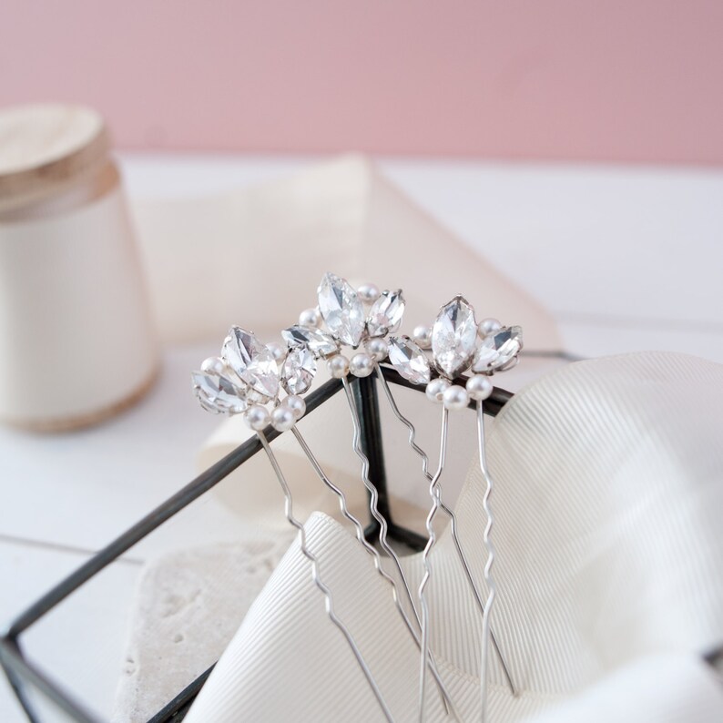 Pearl Fan Pins, Pearl and Crystal Hair Pins, Fan Hair Pins, Bridal Hair Pins, Rhinestone Hair Pins, Pearl and Diamante Hair Pins, Bridal Pin image 2