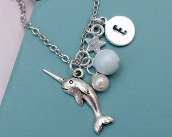 Personalised Narwhal Charm Necklace, Tenner Tuesday, Narwhal Lovers, Narwhal Themed Stocking Filler, Silver and Blue Narwhal Jewelley,