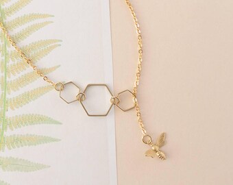 Bee Necklace, Bee Lariate Necklace, Honeycomb Necklace, Bee Lariat, Bee Gift, Bee Charm, Bee Jewellery, Bee Accessories, Cute Necklace