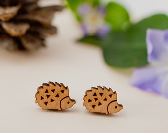 Hedgehog Earrings, Hedgehog Studs, Wooden Hedgehog Earrings, Hedgehog Jewellery, Hedgehog Gift, Hedgehog Lover, Sterling Silver Earrings