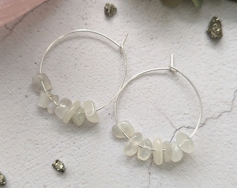 Rainbow Moonstone Hoop Earrings in Sterling Silver | Feminine Energy Jewellery | Moonstone Crystal Gift