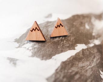 Wooden Mountain Earrings, Silver Mountain Earrings, Mountain Studs, Mountain Jewellery, Mountain Jewelry, Wooden Earrings, Travel Gift