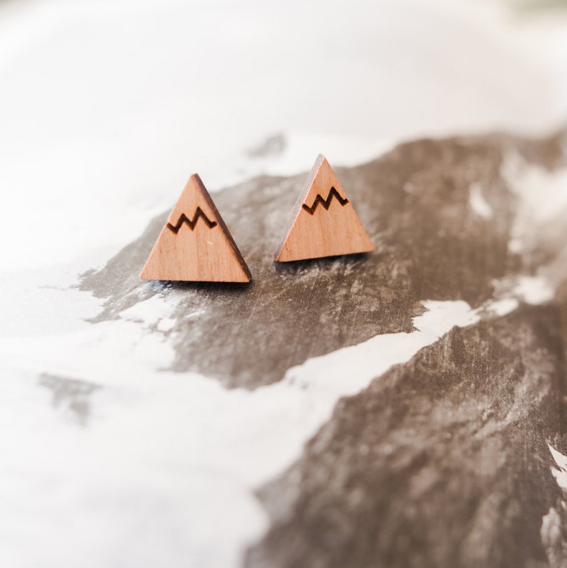Wooden Mountain Earrings, Silver Mountain Earrings, Mountain Studs, Mountain Jewellery, Mountain Jewelry, Wooden Earrings, Travel Gift image 1