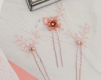 Set di 3 forcine per capelli con fiori e perle in oro rosa, forcine per capelli da sposa in oro rosa, damigella d'onore in oro rosa, matrimonio in oro rosa, accessori in oro rosa