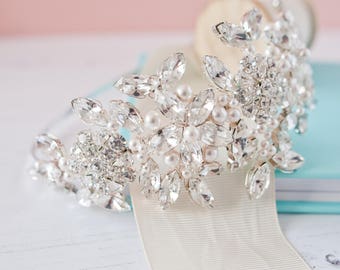 Statement Wedding Headband, Statement Side Tiara, Pearl and Rhinestone Headdress, Side Headdress, Wedding Accessories, Bridal Headband