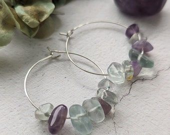 Beaded Fluorite Hoop Earrings | Sterling Silver Crystal  Earrings | Christmas Present for Crystal Lover