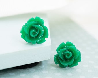 Green Rose Stud Earrings, Green Flower Earrings, Sterling Silver Flower Studs, Green Jewellery, Forest Green Stud Earrings