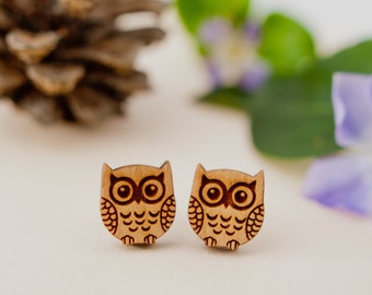 Owl Earrings, Owl Studs, Wooden Owl Earrings, Owl Jewellery, Owl Gift, Teacher Gift, Owl Lover, Sterling Silver Earrings, Cute Earrings