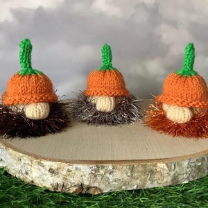 Peut inclure: Trois figurines de gnomes faits à la main avec des chapeaux de citrouille orange et des barbes en fil. Les chapeaux ont des tiges vertes. Les barbes sont marron, argentées et orange. Elles sont présentées sur une tranche de bois.