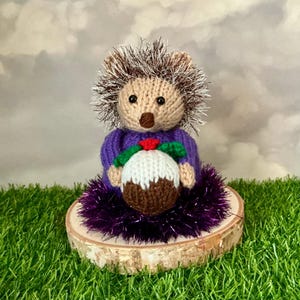 Könnte beinhalten: Eine handgestrickte Igel-Figur mit braun-weißen Stacheln aus Garn, die einen violetten Pullover trägt. Der Igel hält einen kleinen gestrickten Weihnachtspudding mit weißer Glasur, grünen Blättern und einer roten Beere auf einer violetten Lametta-Basis.