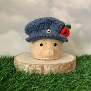 May include: A knitted pig figurine wearing a blue hat with a gold emblem and a red flower. The pig has black button eyes and a small snout. The figurine is displayed on a wooden slice, set against a backdrop of green grass and a cloudy sky.
