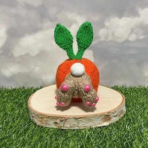 Peut inclure: Un gnome en forme de carotte orange tricotée avec des oreilles en forme de feuilles vertes et une queue en pompon blanc. Le bas du gnome est beige avec des pieds en perles roses et une perle rose sur chaque joue. Le gnome est exposé sur une tranche de bois.