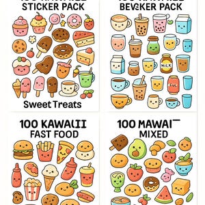100 Kawaii Digital Sticker Pack Cute Food & Drinks Fast Food Mixed  Planner Scrapbooking Clipart  PNG Download