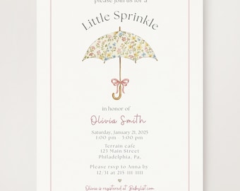 May include: A baby shower invitation with a pink border and text. The invitation reads "Little Sprinkle" above a floral umbrella illustration. Details include the name Olivia Smith, date, time, location, and RSVP information.