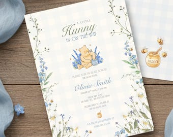 Winnie the Pooh Baby Shower Invitation, Blue Floral Gingham, Canva Template