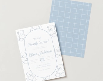 Blue Teddy Bear Baby Shower Invitation: Editable Canva Template