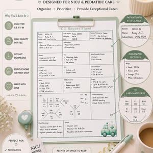 May include: A printable ICU Report Sheet for NICU and pediatric care on a clipboard. The document features sections for patient info, labs, and clinical notes, with a light green color scheme, medical icons, and text detailing patient data.