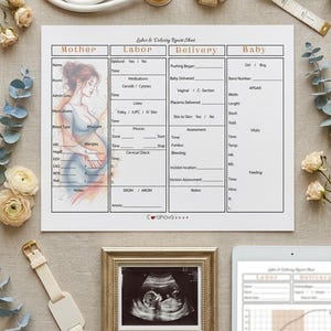 May include: A white stethoscope, a measuring tape, a gold-framed ultrasound image, and a tablet displaying a labour and delivery report sheet. The report sheet includes sections for Mother, Labour, Delivery, and Baby, with the text Corahava Shop.