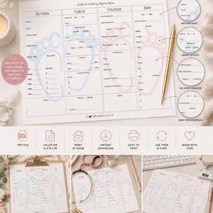 May include: A white Labor & Delivery Report Sheet printed on 21.6 x 27.9 cm paper, featuring sections for Mother, Labor, Delivery, and Baby. The document includes light blue and pink baby footprint graphics, organised columns, and text fields.