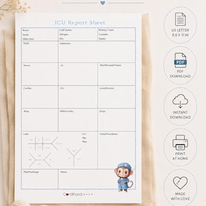 May include: A white ICU report sheet with blue grid lines and text, featuring a cartoon monkey in medical scrubs. The document includes sections for patient data, labs, and notes. It is labeled US Letter 8.5 x 11 in and includes PDF download icons.