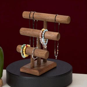 Handmade Wooden T-Bar Jewelry Stand: Rustic Necklace & Bracelet Organizer