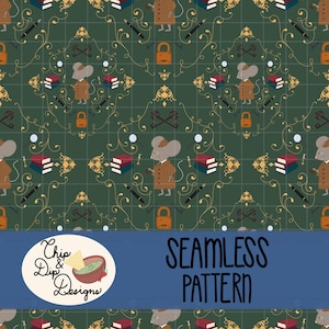 May include: Seamless pattern featuring cartoon mice in brown coats, books, pens, locks, and keys on a dark green grid background. The design includes gold filigree and the text "Seamless Pattern" in a blue banner.