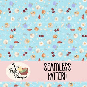 May include: A seamless pattern design on a light blue background with white polka dots and a grid pattern. The design includes illustrations of cherries, cupcakes, seashells, flowers, and other elements. The text "SEAMLESS PATTERN" is displayed.