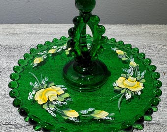 Imperial Glass Candlewick Tidbit Tray Evergreen Hand Painted Dalzell Viking Emerald Green Nappie Dish