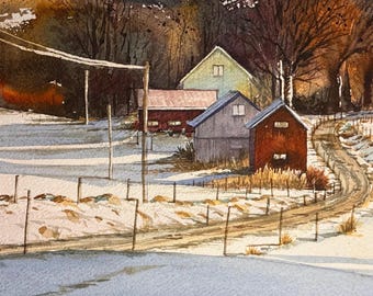 Snowy Village Road – Dipinto ad acquerello originale (11*17")