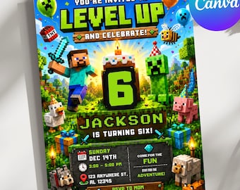 Invito per festa di compleanno a tema pixel block, invito per festa di compleanno per ragazzi a tema Minecraft, invito per giocatori, modello Canva di alta qualità