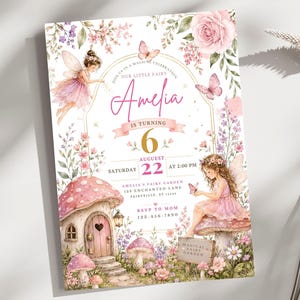 Inbjudan till älvfödelsedag, inbjudan till förtrollad trädgårdsfest, nyckfull älvinbjudan, födelsedag med blommig svamp, födelsedagsinbjudan till flicka