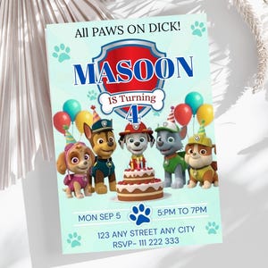 Editable Paw-ty Birthday Invitation Template | Puppy Patrol Pup Crew Boys & Girls Bday | Kids Printable Party Invitation | Instant Download