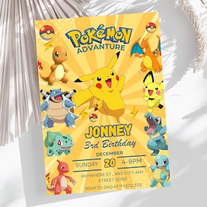 Invitación de cumpleaños de Pokémon con foto, fiesta de Pikachu y Charizard, plantilla editable de Canva para invitación de tarjeta Pokémon, descarga digital.