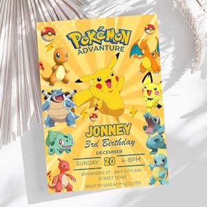 May include: Yellow Pokémon-themed birthday invitation with the text "Pokémon Adventure" and "Jonney 3rd Birthday." The invitation features various Pokémon characters and event details, including the date, time, and RSVP information.