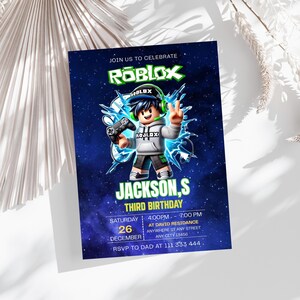 May include: A rectangular birthday invitation card featuring a Roblox theme with a dark blue starry background. A cartoon character wearing a grey hoodie and cap holds a game controller. Text includes JOIN US TO CELEBRATE, ROBLOX, JACKSON,S THIRD BIRTHDAY, and event details.