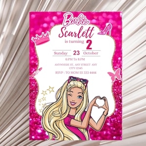 Editable fashion doll birthday Invitation | Fashion Doll Birthday Invitation | Pink Glitter Party | Instant Download | Canva Template