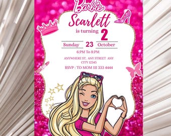 Invito di compleanno modificabile per bambola fashion / Invito di compleanno per bambola fashion / Festa con glitter rosa / Download immediato / Modello Canva