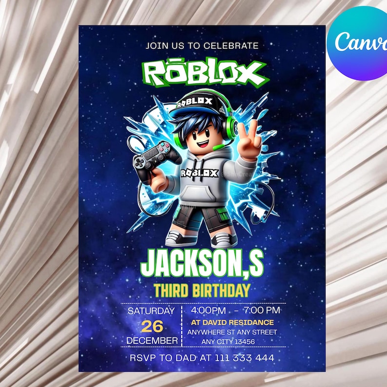 Roblox Invitation, Roblox Invite, Game Party, Roblox Boy Birthday Invitation Template, Game Birthday, Kids Roblox, Editable Template, Canva image 5