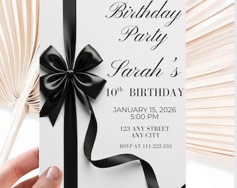 Black Bow Birthday Invitation Template: Elegant Editable Party Invite, Digital Download for Printable and Phone Format