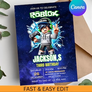 Roblox Invitation, Roblox Invite, Game Party, Roblox Boy Birthday Invitation Template, Game Birthday, Kids Roblox, Editable Template, Canva image 2