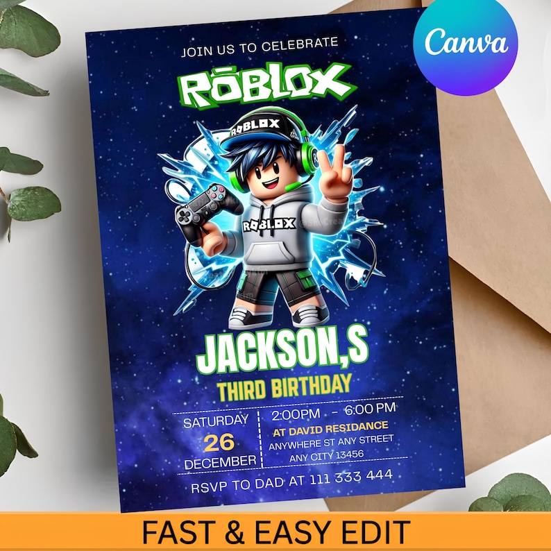 Roblox Invitation, Roblox Invite, Game Party, Roblox Boy Birthday Invitation Template, Game Birthday, Kids Roblox, Editable Template, Canva image 2