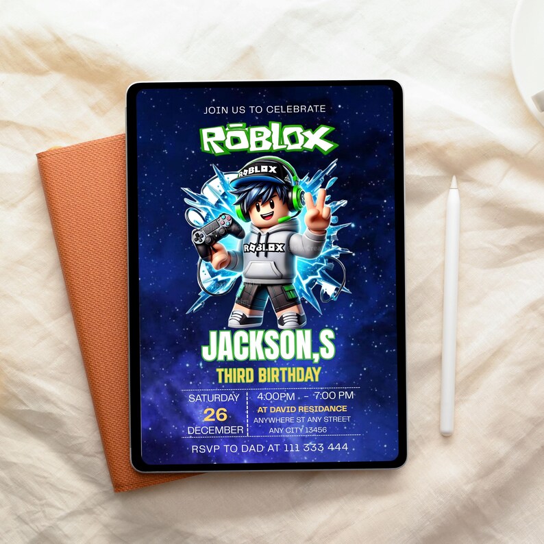 May include: A digital birthday invitation displayed on a tablet screen featuring a Roblox character graphic, the text JOIN US TO CELEBRATE, JACKSON,S THIRD BIRTHDAY, and event details including date, time, location, and RSVP information on a blue background.