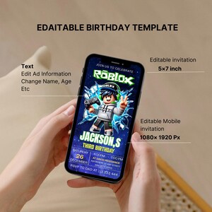 Roblox Invitation, Roblox Invite, Game Party, Roblox Boy Birthday Invitation Template, Game Birthday, Kids Roblox, Editable Template, Canva image 12