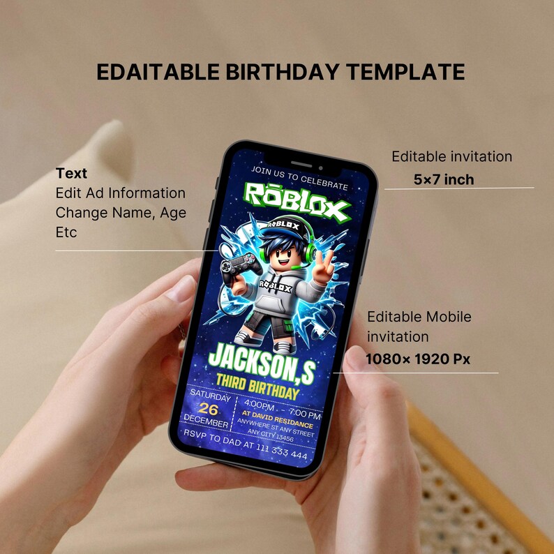 Roblox Invitation, Roblox Invite, Game Party, Roblox Boy Birthday Invitation Template, Game Birthday, Kids Roblox, Editable Template, Canva image 12
